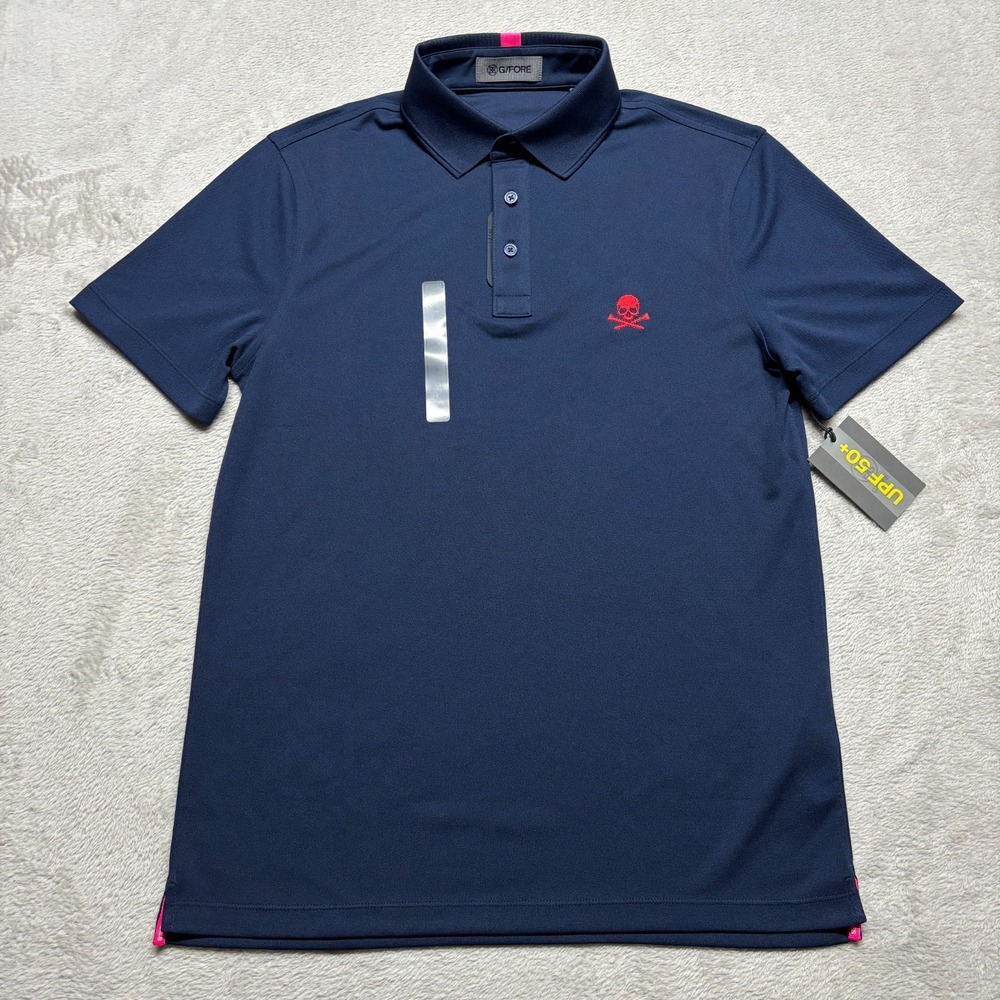 NWT G/FORE Men's S Tech Pique Skull‎ Crossbones Polo Gold Shirt Navy MSRP $100